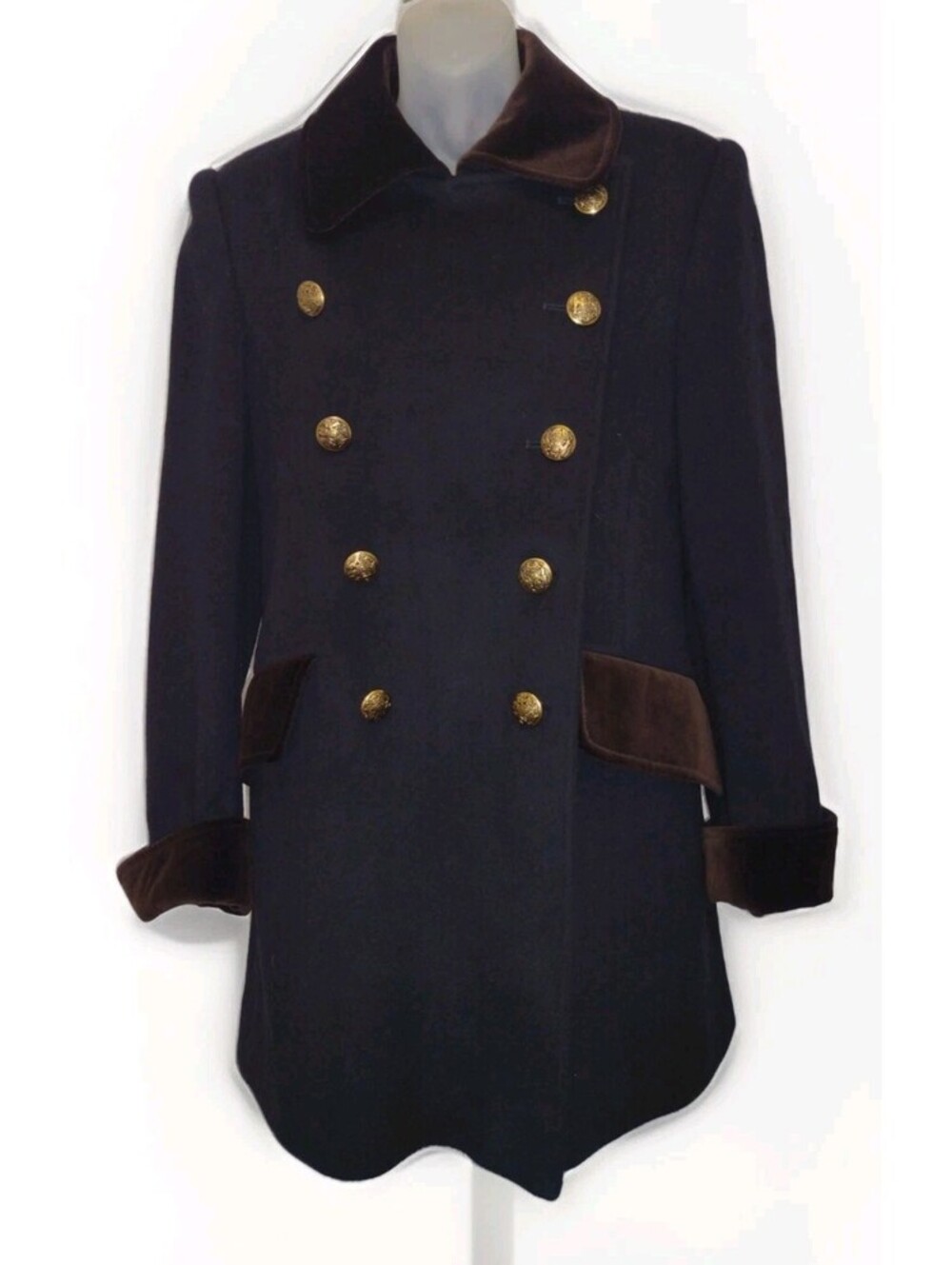 Alorna Wool Coat Velvet Trim Military Equestrian Crest Button Vintage USA M